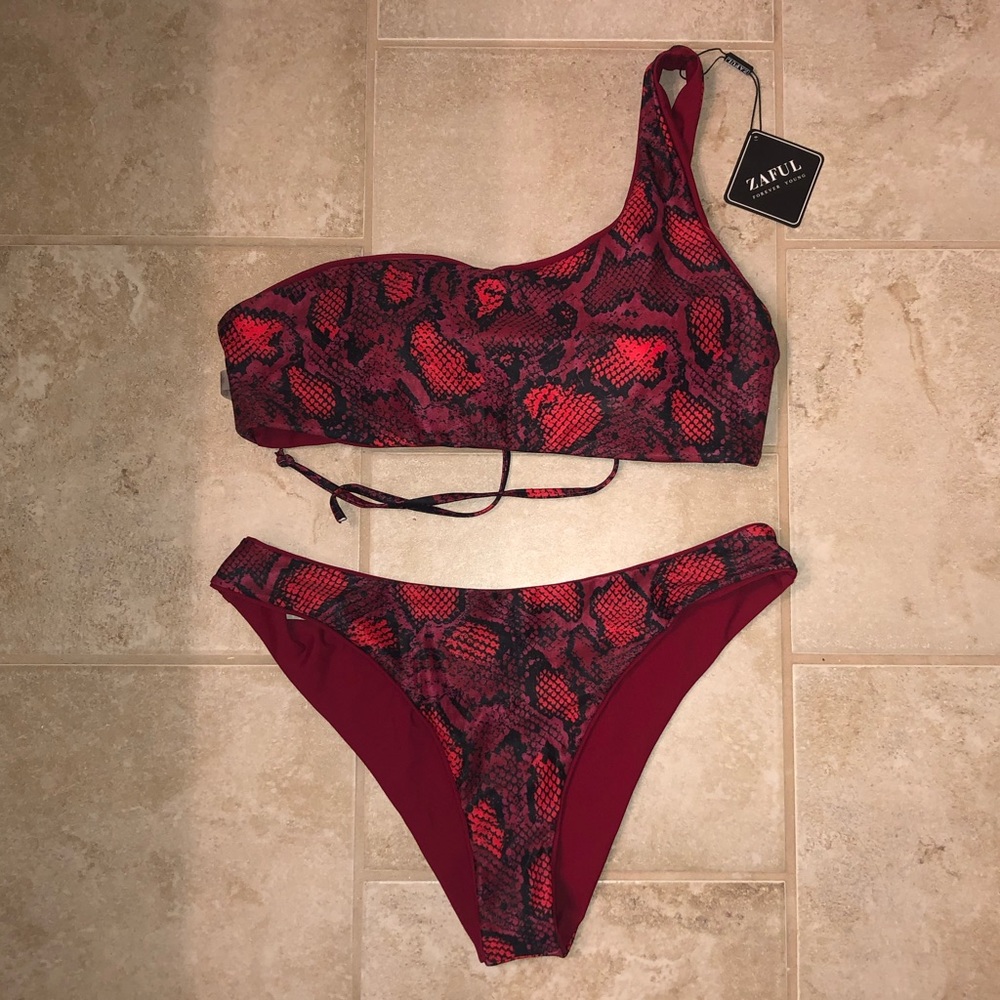 Red One-strap Snake Print Bikini